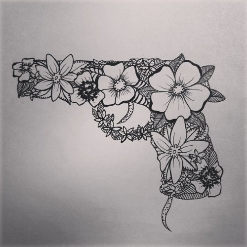 Black And White Flowers Gun Tattoo Design